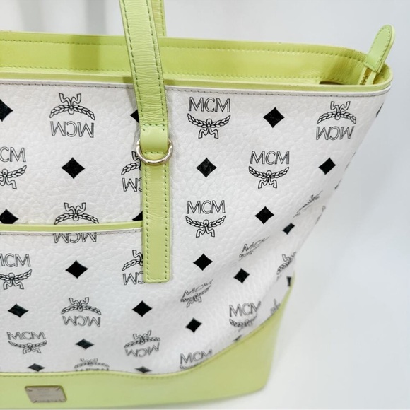 MCM Tote Bag White Yellow Visetos Shopper Authentic Leather Zipper Purse Handbag - Picture 13 of 15